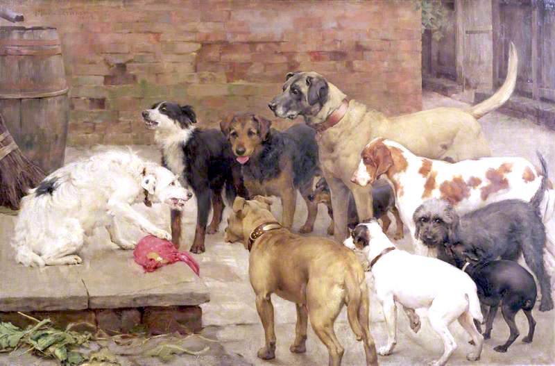 Wikioo.org - The Encyclopedia of Fine Arts - Painting, Artwork by Percy Harland Fisher - Dog With His Master's Dinner La Fontaine's Fables