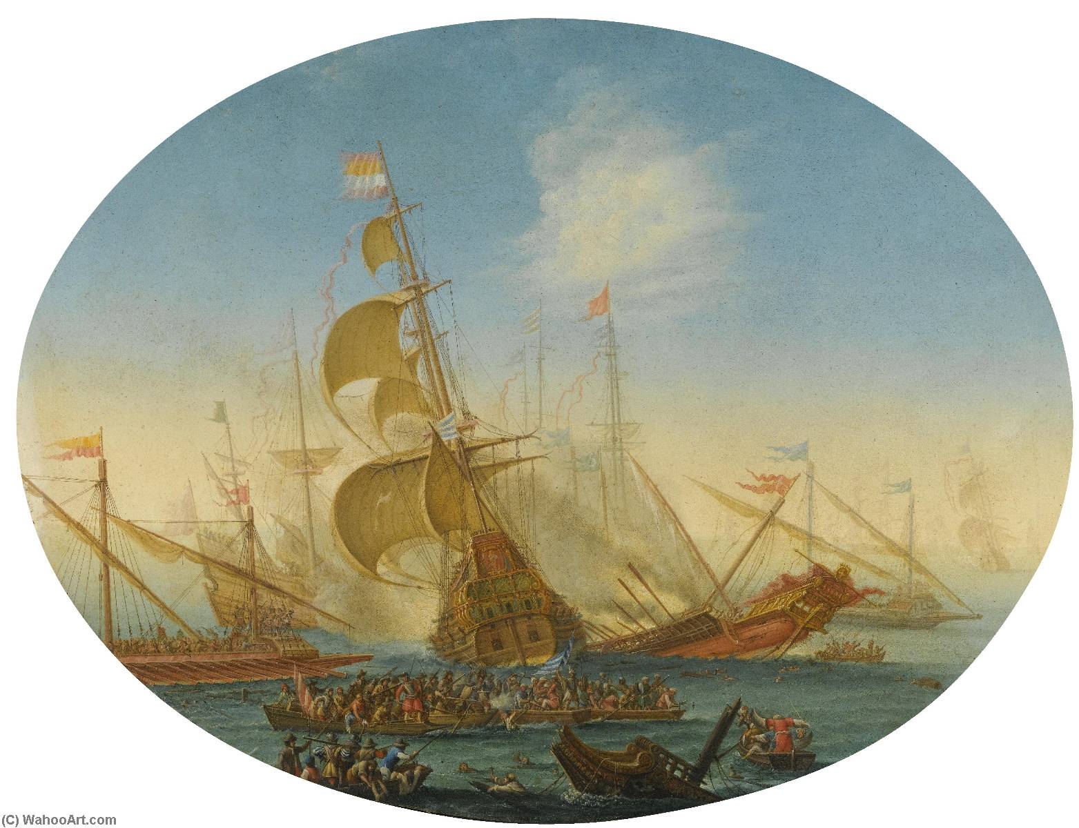 Wikioo.org - The Encyclopedia of Fine Arts - Painting, Artwork by Orazio Grevenbroeck - a naval battle between turks and christians