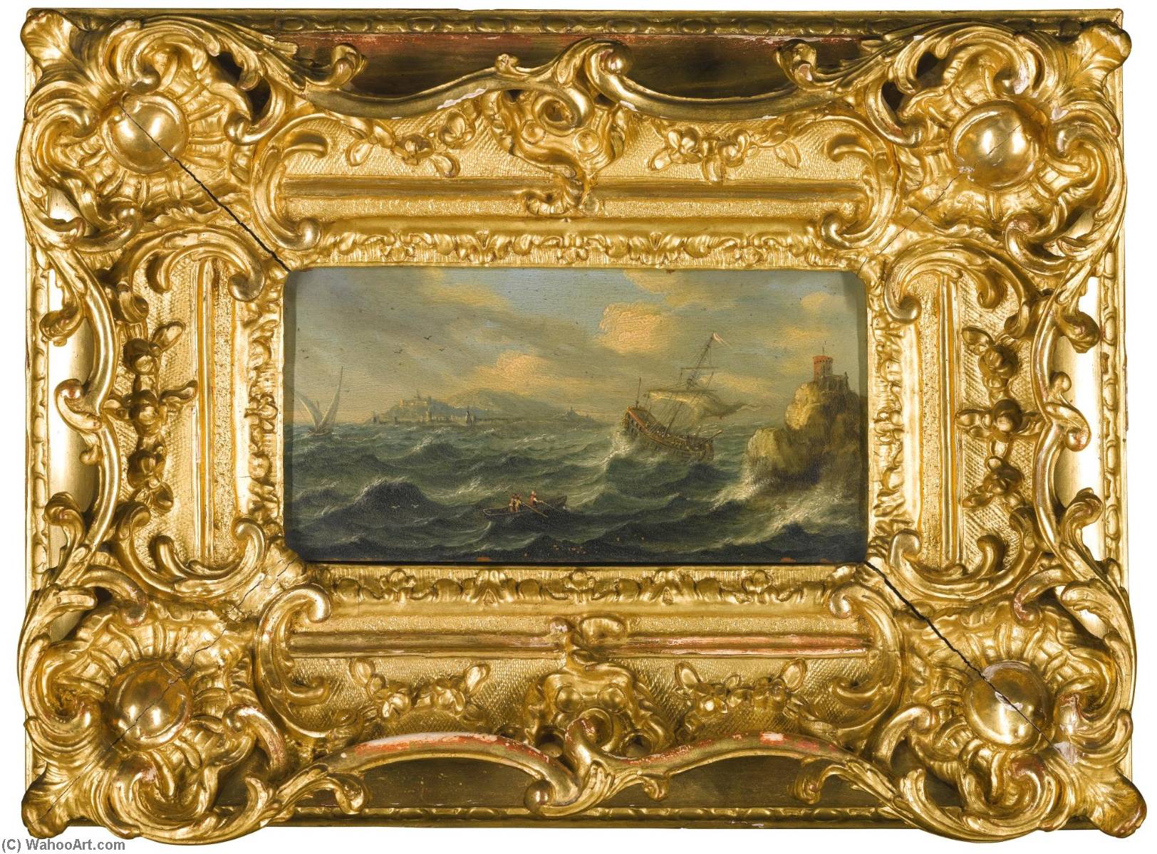 Wikioo.org - The Encyclopedia of Fine Arts - Painting, Artwork by Orazio Grevenbroeck - Stormy marine landscape with a ship and lighthouse River landscape with a sailing boat and ruins