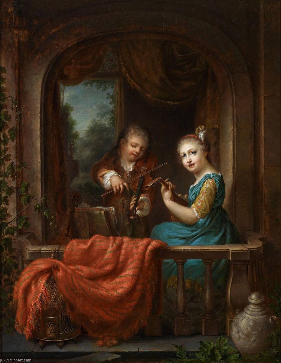 Wikioo.org - The Encyclopedia of Fine Arts - Painting, Artwork by Philip Van Dijk - An elegant couple making music on a balcony