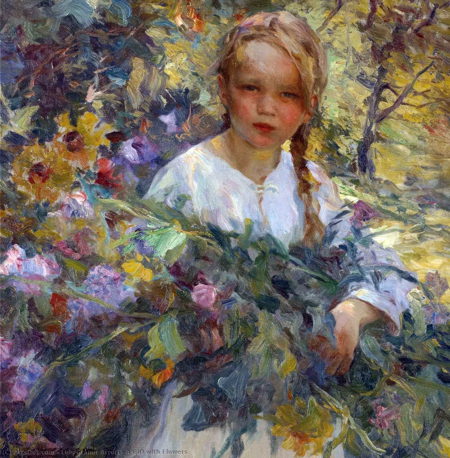 Wikioo.org - The Encyclopedia of Fine Arts - Painting, Artwork by Luis Graner Arrufi - A Girl with Flowers