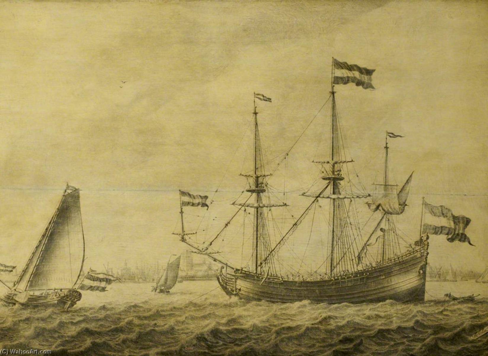 Wikioo.org - The Encyclopedia of Fine Arts - Painting, Artwork by Adriaen Van Salm - A Dutch Flute and Other Vessels off Rotterdam