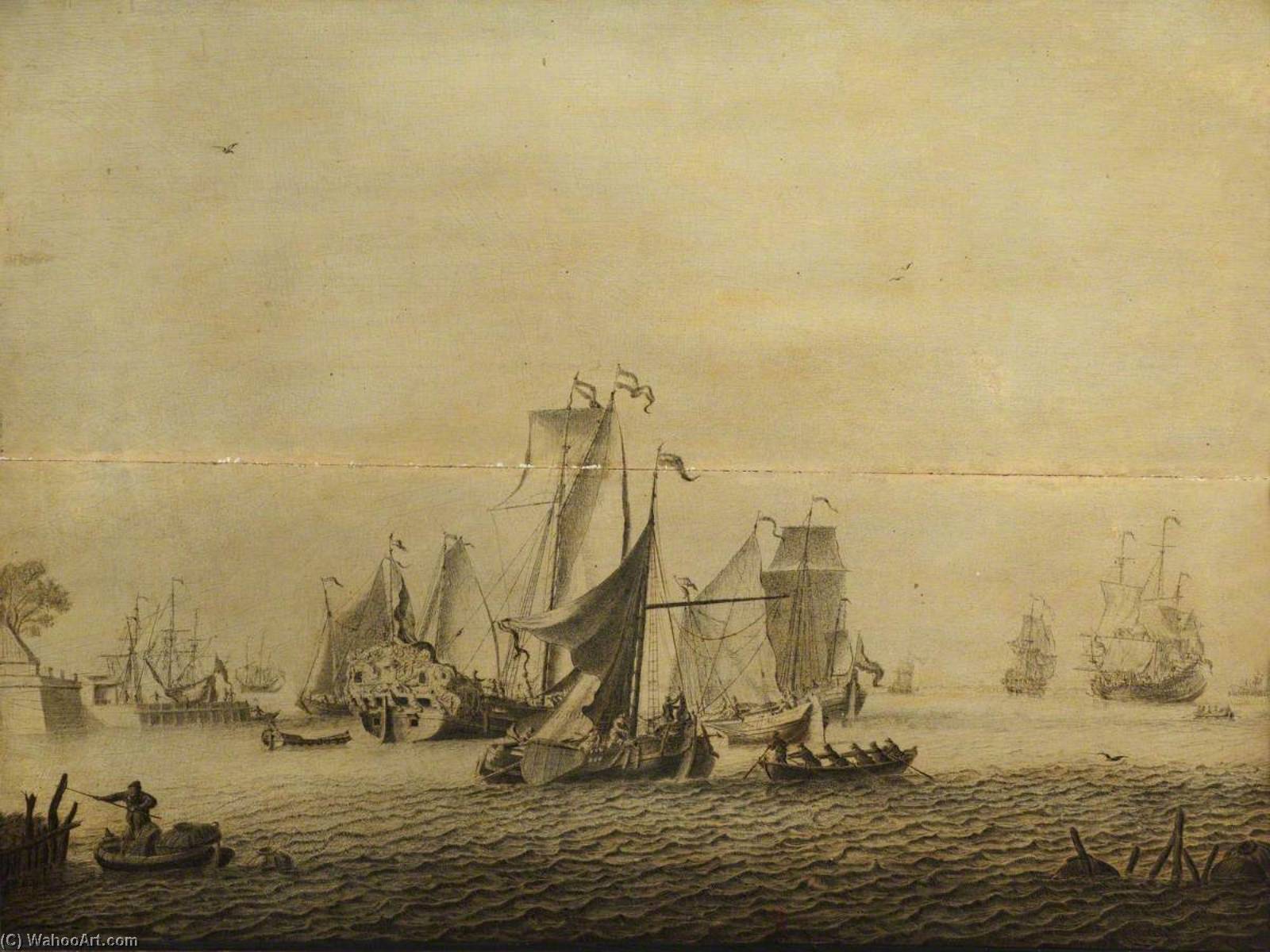 Wikioo.org - The Encyclopedia of Fine Arts - Painting, Artwork by Adriaen Van Salm - Small Craft in a Dutch Harbour