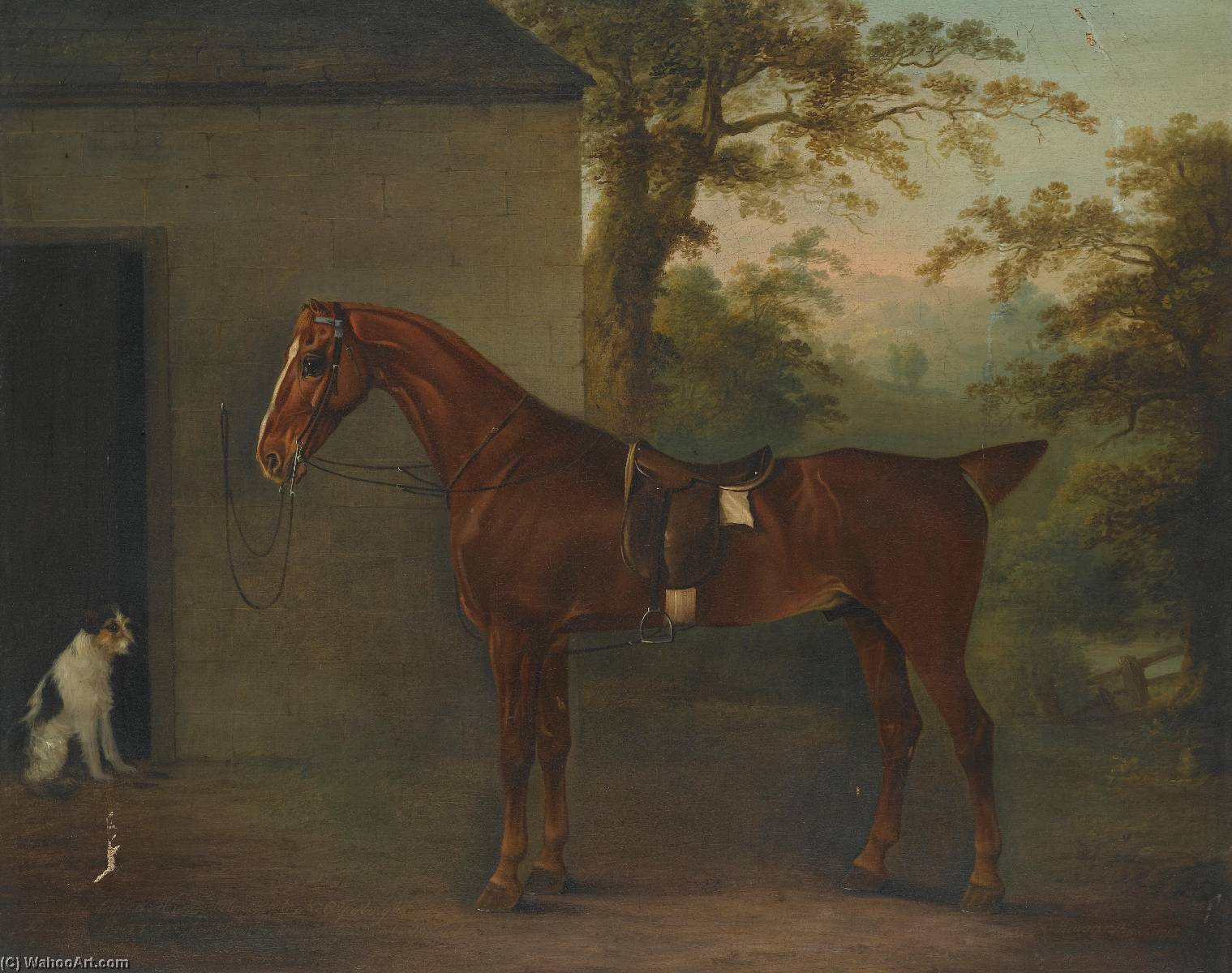 Wikioo.org - The Encyclopedia of Fine Arts - Painting, Artwork by Thomas Weaver - Portrait of Mr. Yarburgh's chestnut hunter Little John with a terrier beside a stable