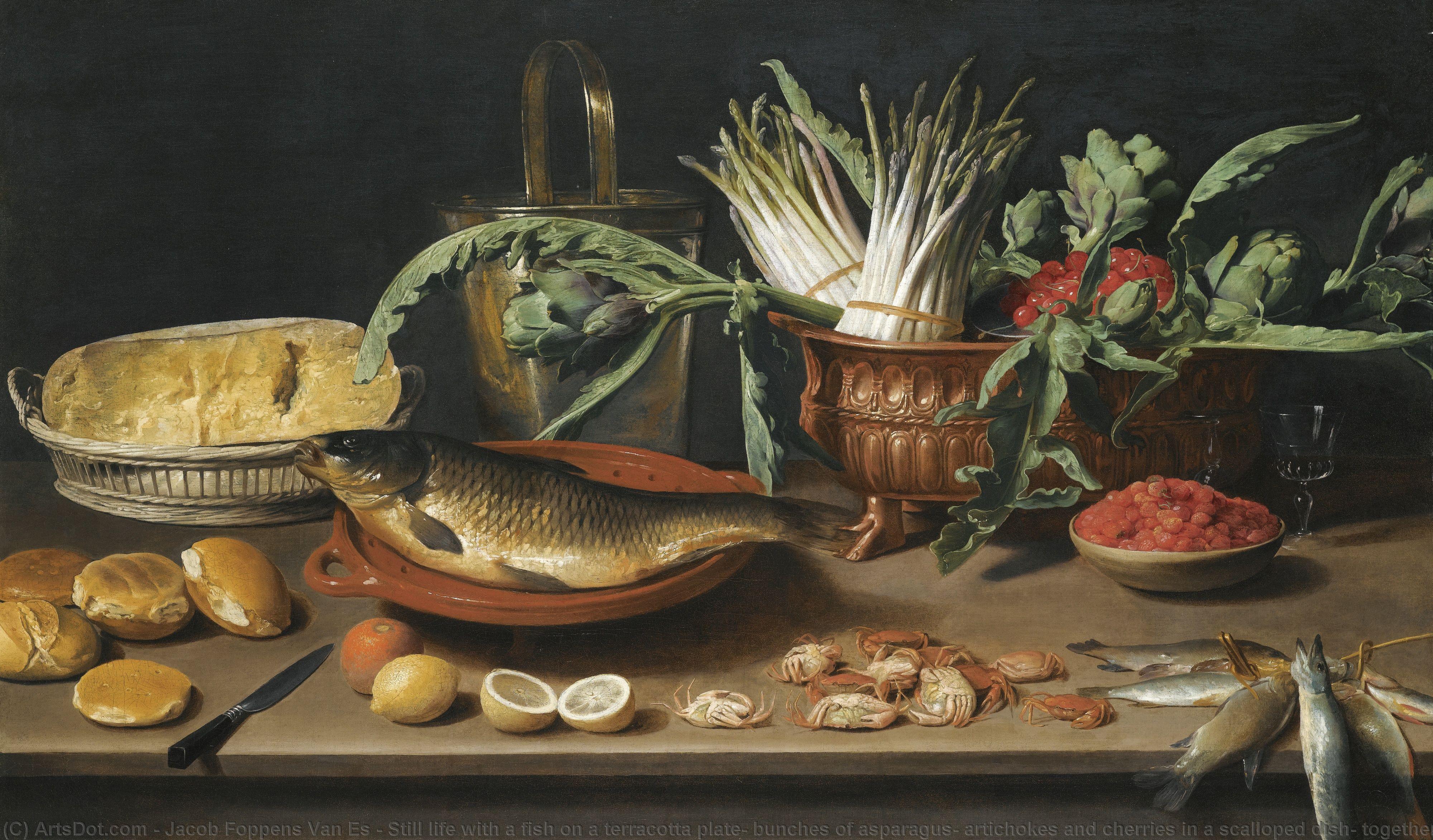 Wikioo.org - Bách khoa toàn thư về mỹ thuật - Vẽ tranh, Tác phẩm nghệ thuật Jacob Foppens Van Es - Still life with a fish on a terracotta plate, bunches of asparagus, artichokes and cherries in a scalloped dish, together with half a cheese in a basket, bread rolls, fraises de bois, lemons, oranges and crabs all arranged on a table top