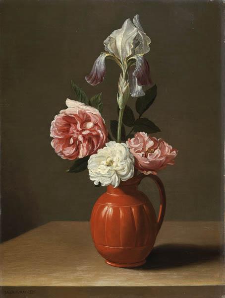 Wikioo.org - The Encyclopedia of Fine Arts - Painting, Artwork by Jacob Foppens Van Es - An Iris and Three Roses in an Earthenware Pot