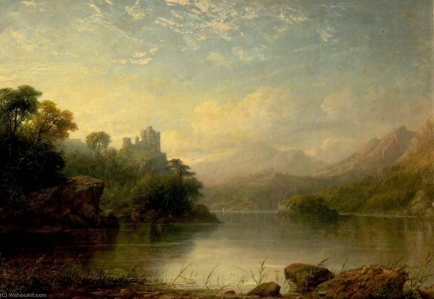 Wikioo.org - The Encyclopedia of Fine Arts - Painting, Artwork by George Frederick Buchanan - Lake Scene with Ruined Castle and Mountains