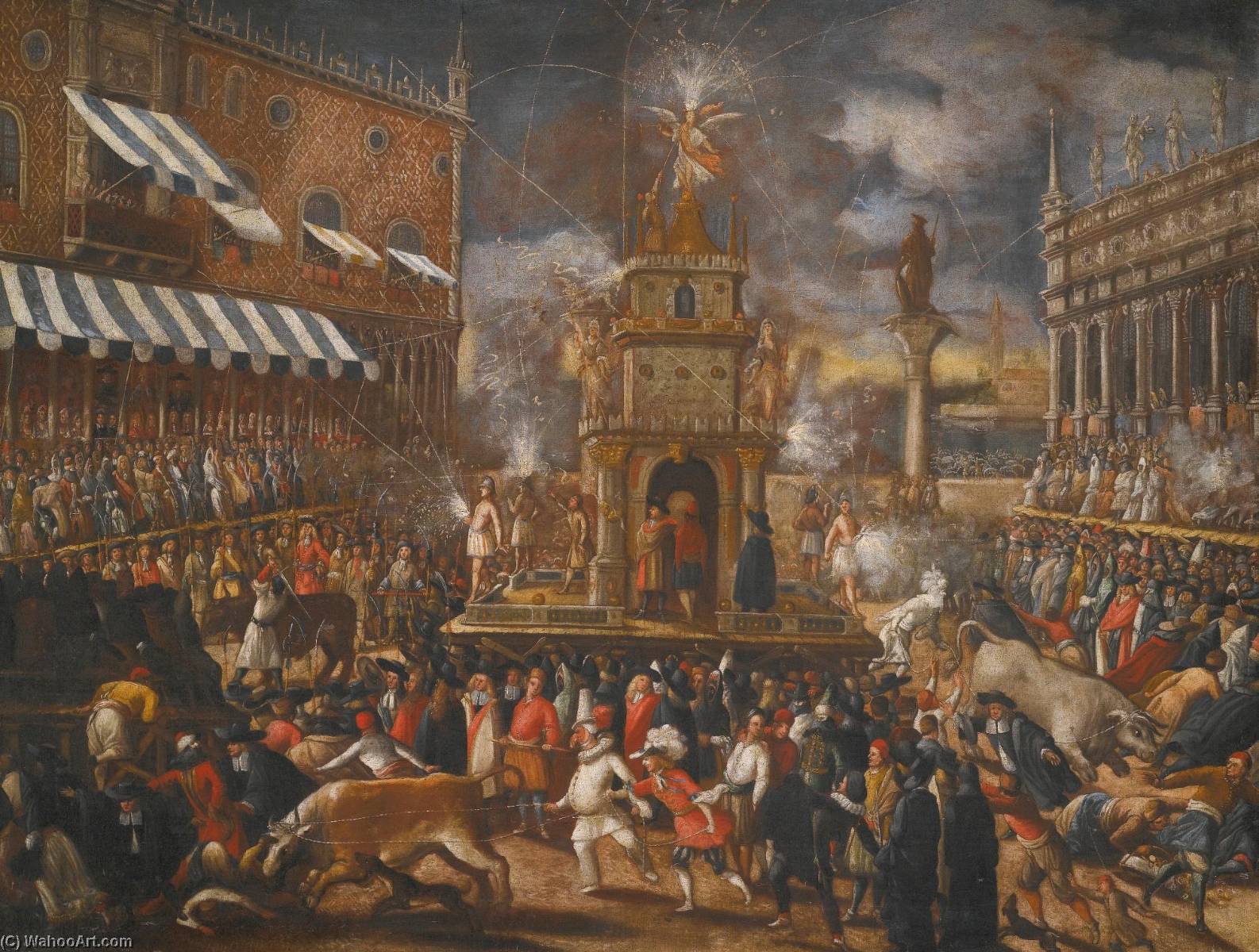 Wikioo.org - The Encyclopedia of Fine Arts - Painting, Artwork by Joseph Heintz The Younger - Venice, the Piazzetta at carnival on Giovedi Grasso with a firework display and the bulls running