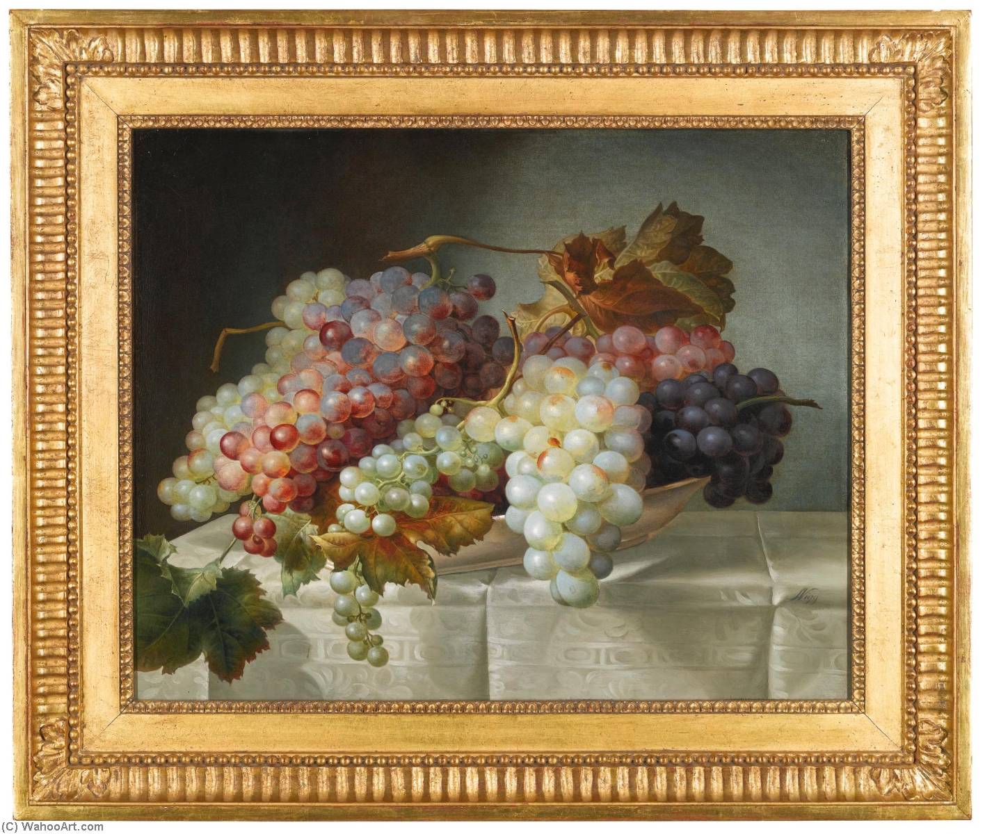 Wikioo.org - The Encyclopedia of Fine Arts - Painting, Artwork by Joseph Nigg - Still life with grapes in a porcelain dish