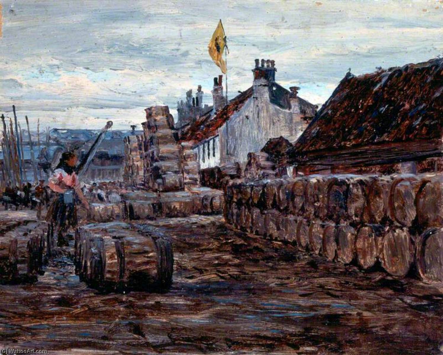 Wikioo.org - The Encyclopedia of Fine Arts - Painting, Artwork by George Sherwood Hunter - Stacking Salt Herring Barrels (possibly Portsoy, Aberdeenshire)
