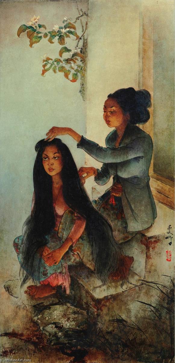Wikioo.org - The Encyclopedia of Fine Arts - Painting, Artwork by Lee Man Fong - Mencari Kutu (Picking for Lice)