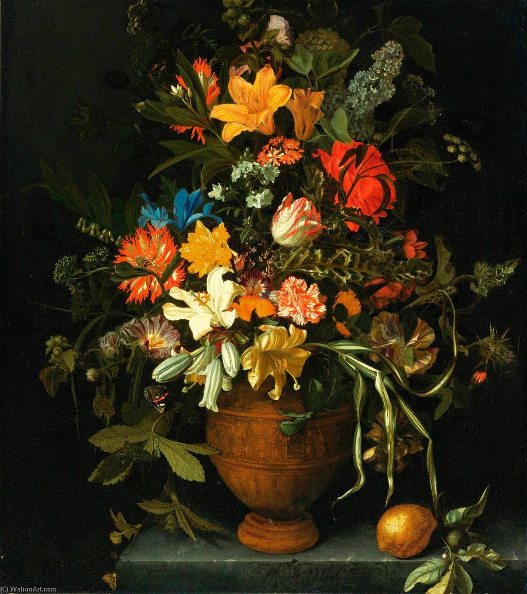 Wikioo.org - The Encyclopedia of Fine Arts - Painting, Artwork by Maria Van Oosterwijk - A Floral Still Life with Yellow and White Lilies, an Iris, a Sunflower, a Narcissus, etc