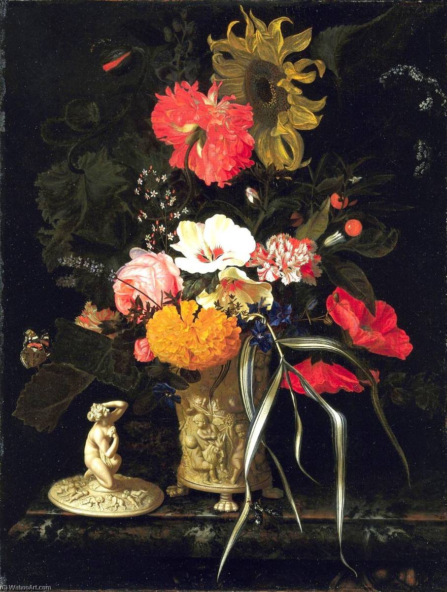 Wikoo.org - موسوعة الفنون الجميلة - اللوحة، العمل الفني Maria Van Oosterwijk - Flowers in a vase with embossed decorations