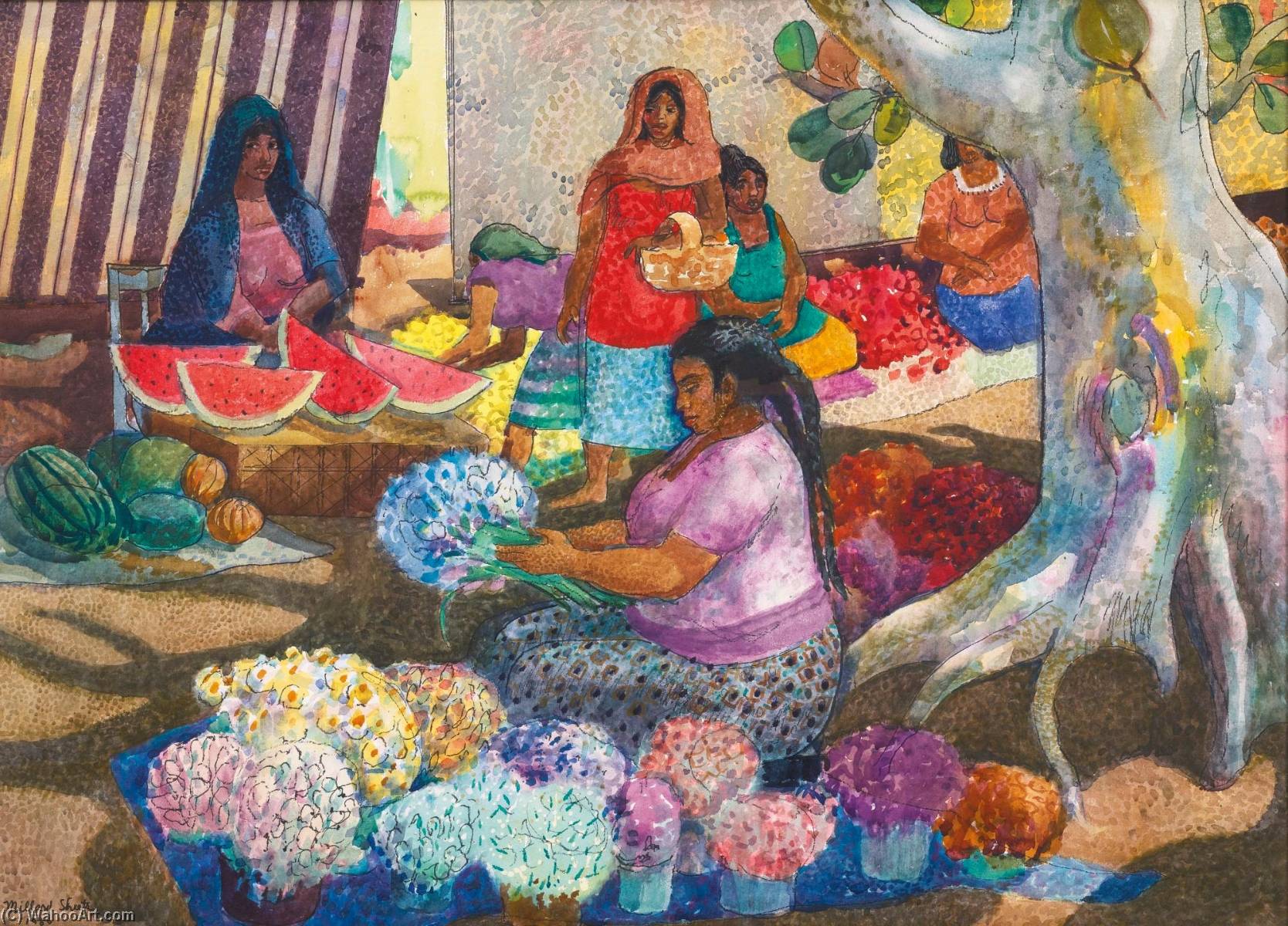 Wikioo.org - The Encyclopedia of Fine Arts - Painting, Artwork by Millard Sheets - Oaxaca Market