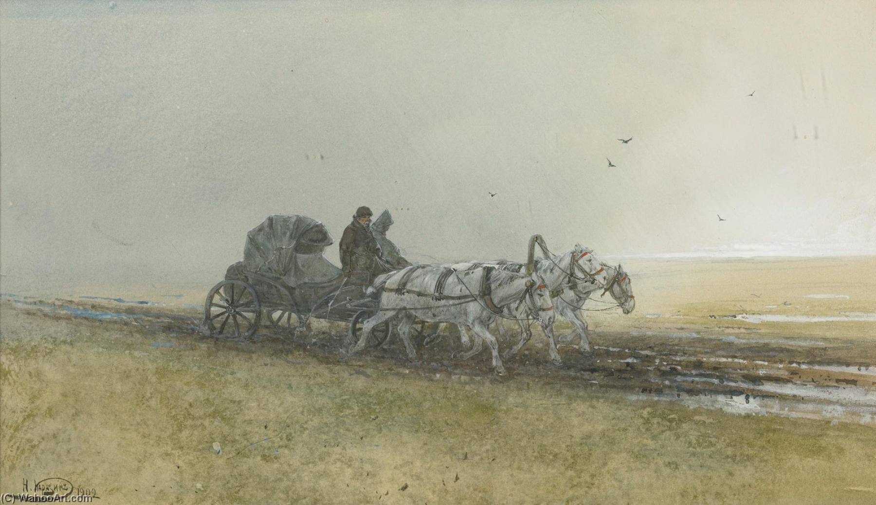 Wikioo.org - The Encyclopedia of Fine Arts - Painting, Artwork by Nikolai Nikolaevich Karazin - Travelers Driving a Troika After the Rain