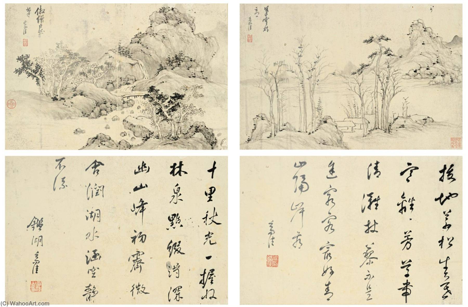 Wikioo.org - The Encyclopedia of Fine Arts - Painting, Artwork by Qi Zhijia - LANDSCAPE AFTER VARIOUS MASTERS AND POEMS IN CURSIVE SCRIPT