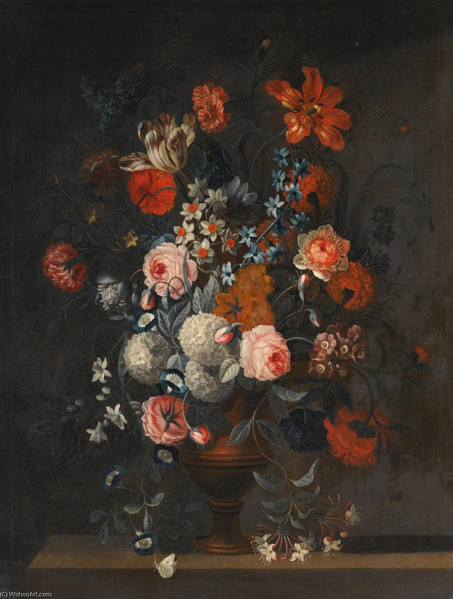 Wikioo.org - The Encyclopedia of Fine Arts - Painting, Artwork by Simon Hardimé - Arrangement of tulips, a peonie, forget me not and other flowers in a vase on a ledge