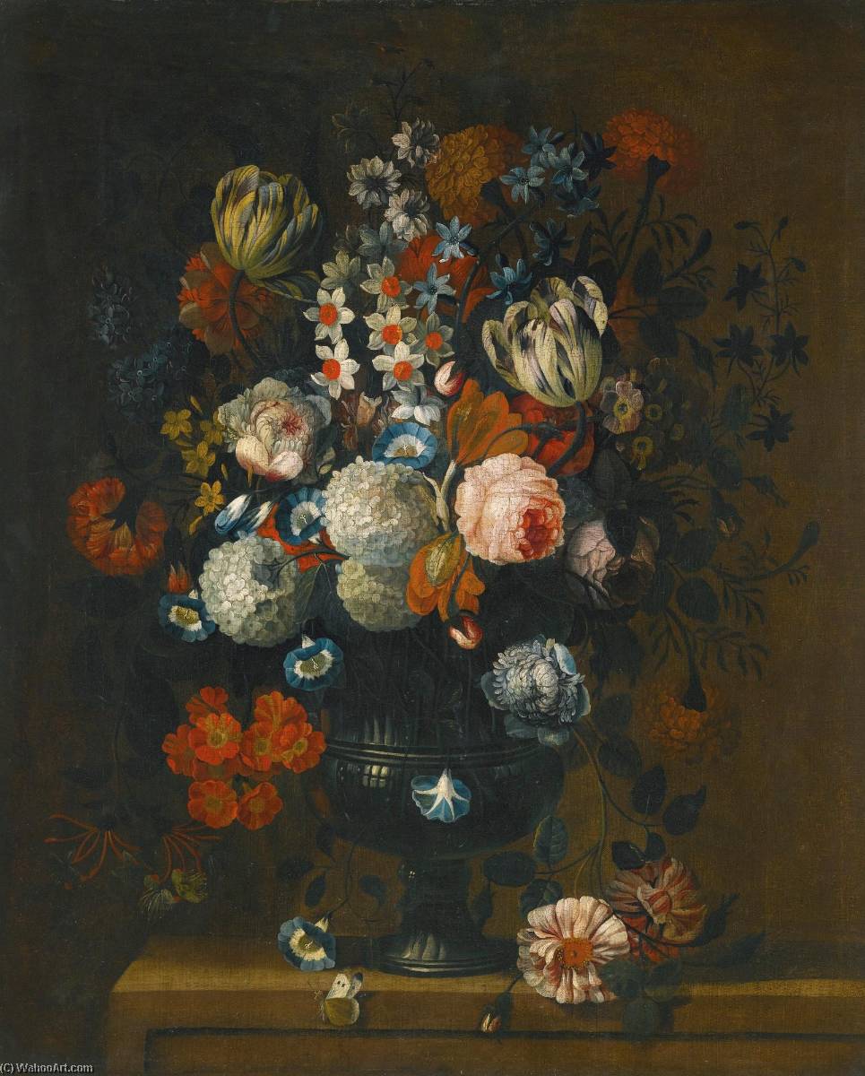 Wikioo.org - The Encyclopedia of Fine Arts - Painting, Artwork by Simon Hardimé - Still life of roses, variegated tulips, peonies, daffodils and other flowers in a sculpted vase