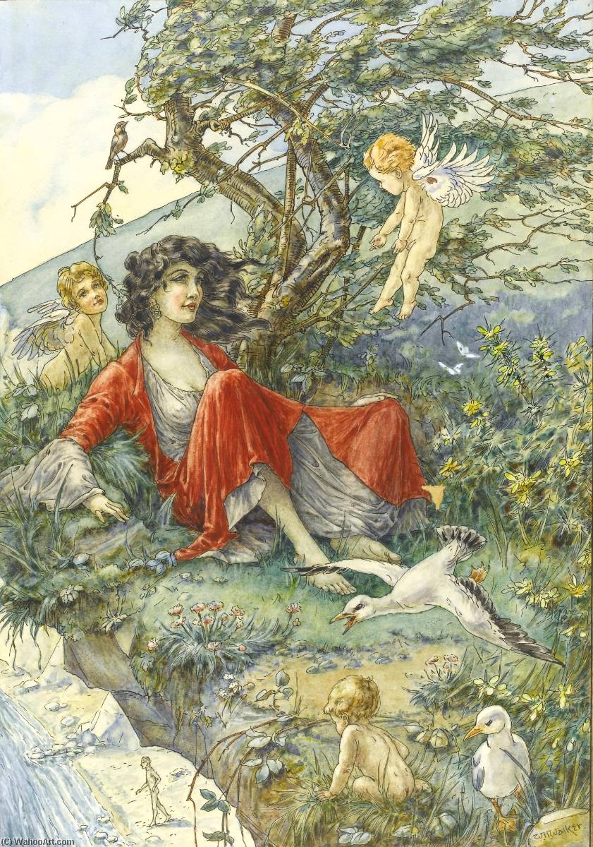 WikiOO.org - Encyclopedia of Fine Arts - Lukisan, Artwork William Henry Walker - Girl in a Red Dress on a Cliff