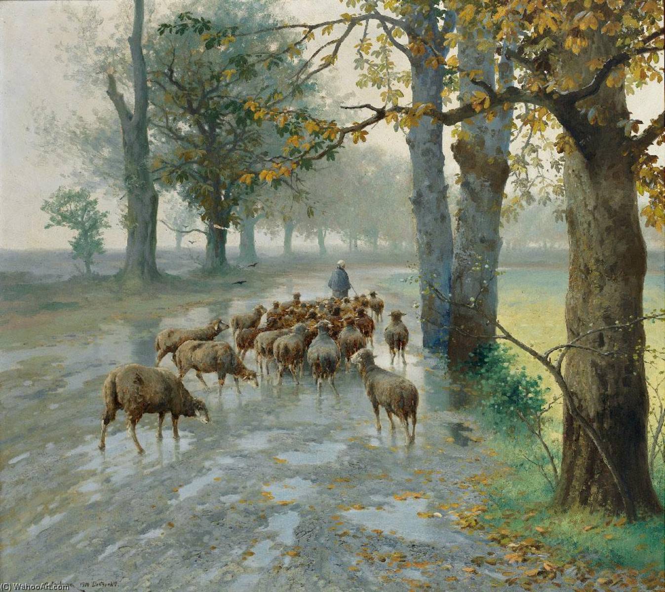 Wikioo.org - The Encyclopedia of Fine Arts - Painting, Artwork by Adolf Kaufmann - Flock of sheep on a rainy autumn day