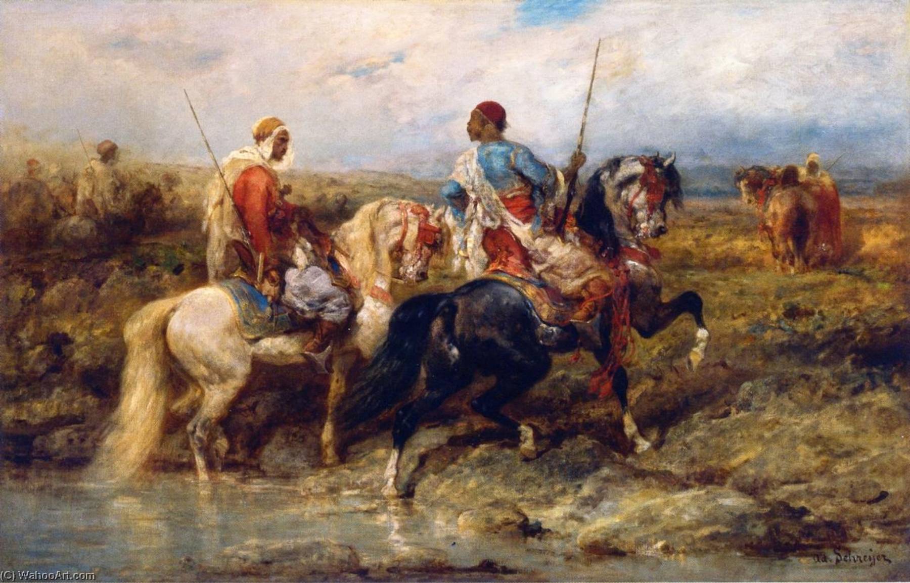 Wikioo.org - The Encyclopedia of Fine Arts - Painting, Artwork by Adolf Schreyer - Fording a Stream