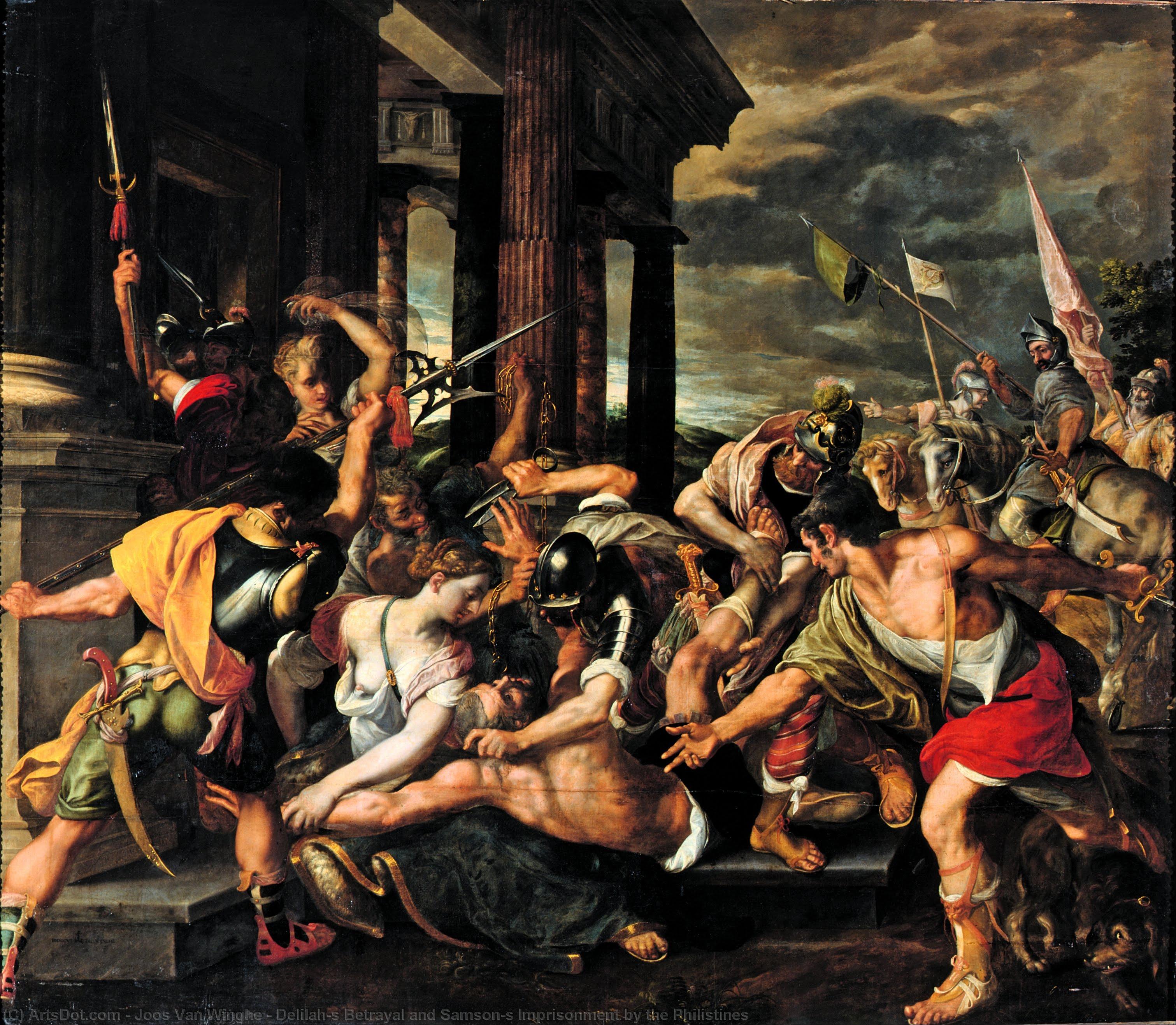 Wikioo.org - The Encyclopedia of Fine Arts - Painting, Artwork by Joos Van Winghe - Delilah’s Betrayal and Samson’s Imprisonment by the Philistines