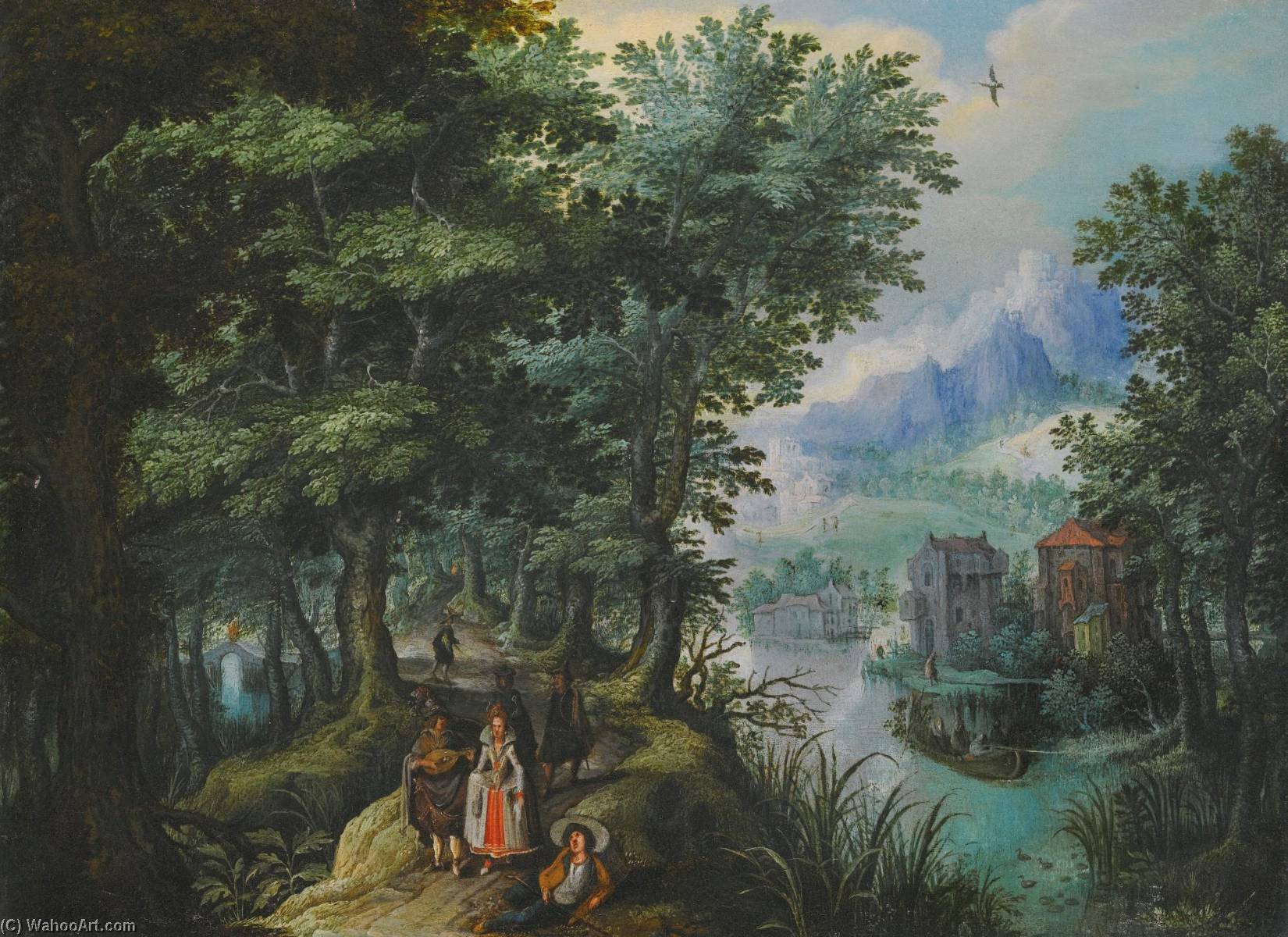 Wikioo.org - The Encyclopedia of Fine Arts - Painting, Artwork by Anton Mirou - A river landscape with elegant figures on a path, a village on the far bank
