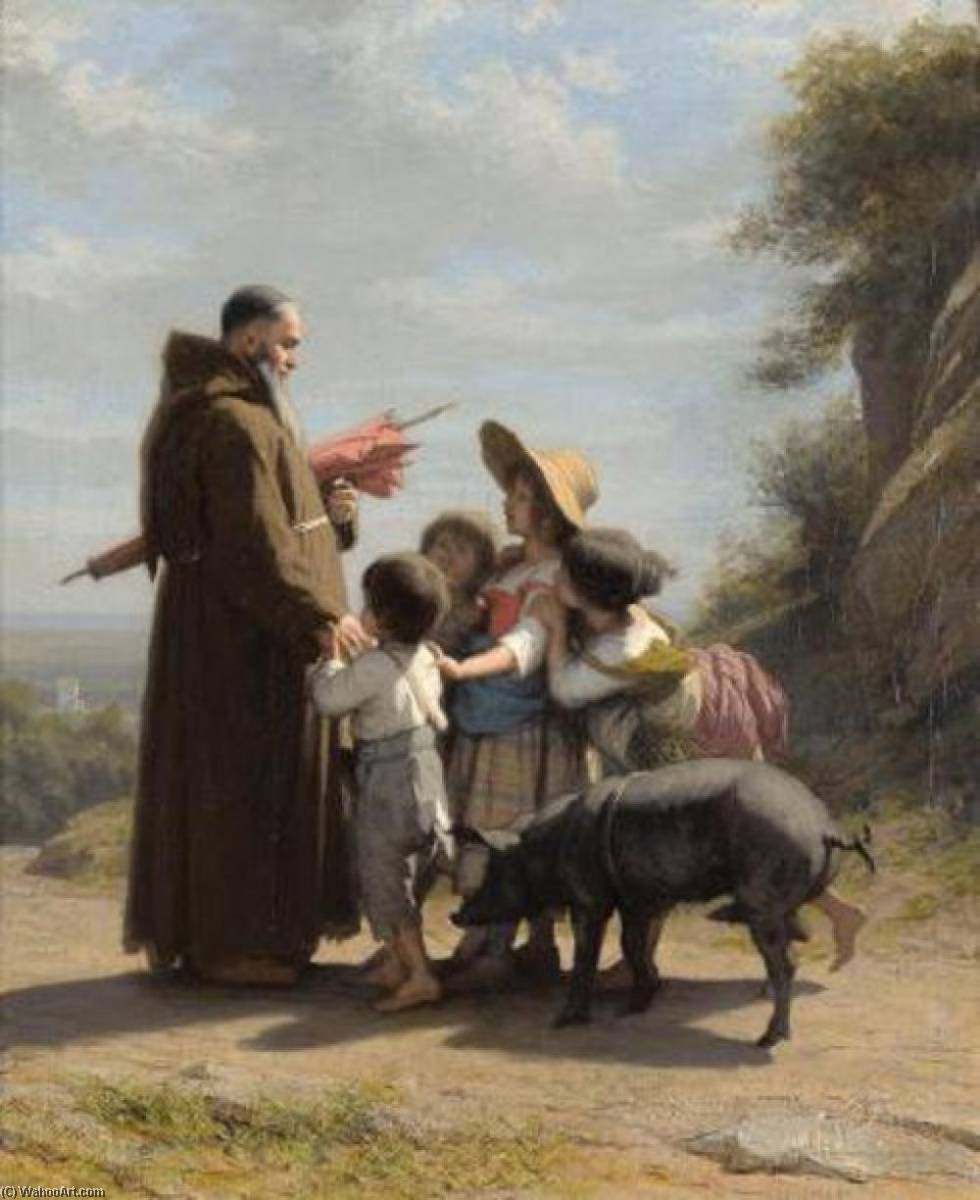 Wikioo.org - The Encyclopedia of Fine Arts - Painting, Artwork by Alfred Jacques Van Muyden - A Franciscan Monk With Children