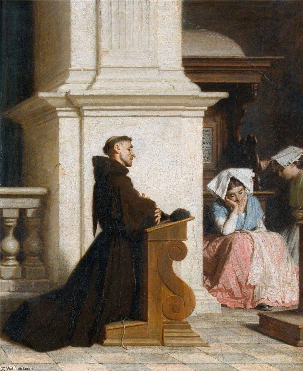 Wikioo.org - The Encyclopedia of Fine Arts - Painting, Artwork by Alfred Jacques Van Muyden - Monk Praying in the Church