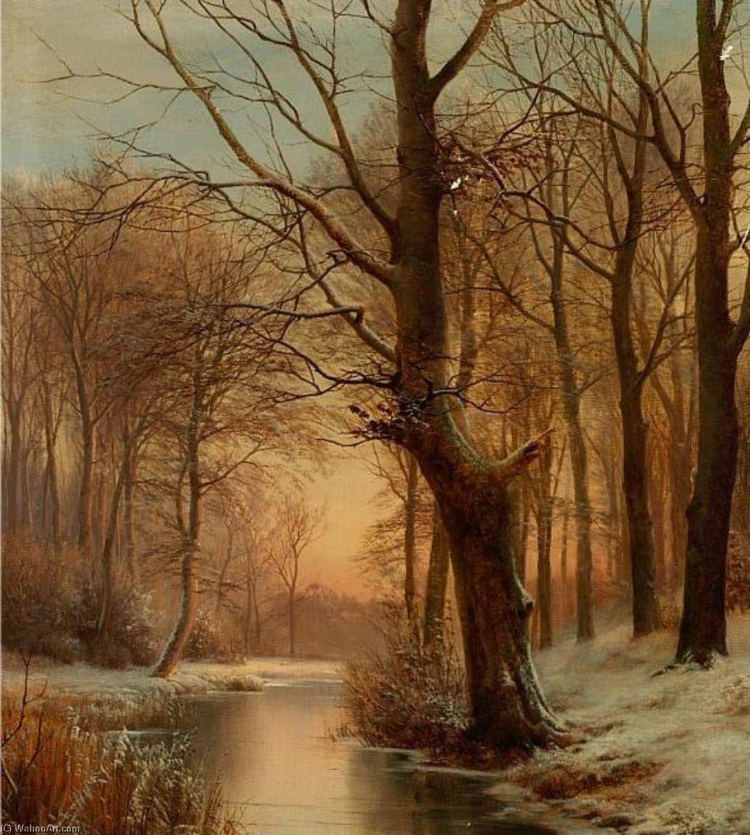 Wikioo.org - The Encyclopedia of Fine Arts - Painting, Artwork by Anders Andersen Lundby - Late Afternoon in a Forest with a Frozen Brook