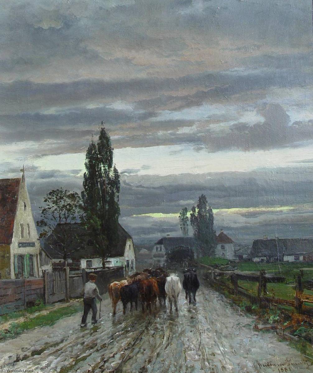 Wikioo.org - The Encyclopedia of Fine Arts - Painting, Artwork by Anders Andersen Lundby - Farmer Driving Cattle to Market on a September Morning