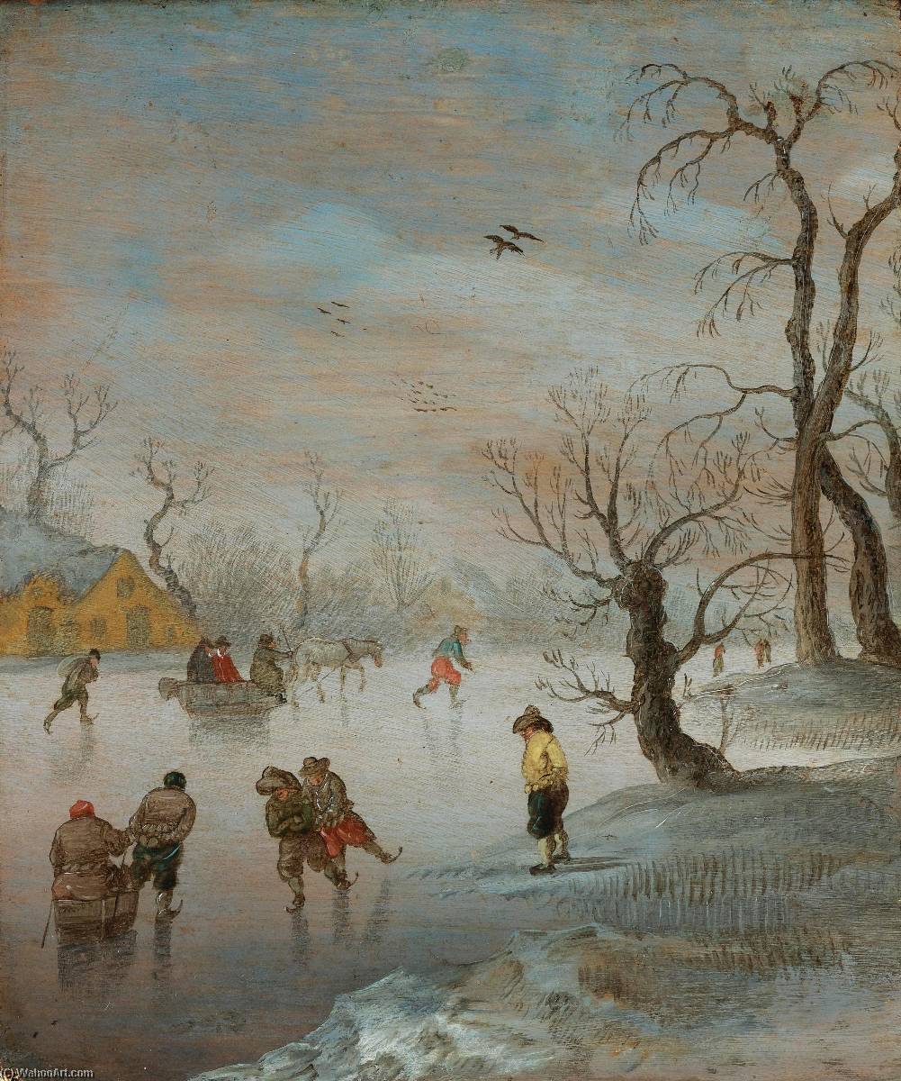 Wikioo.org - The Encyclopedia of Fine Arts - Painting, Artwork by Anthonie Verstraelen - Skaters and a Horse Drawn Sledge on a Frozen Waterway