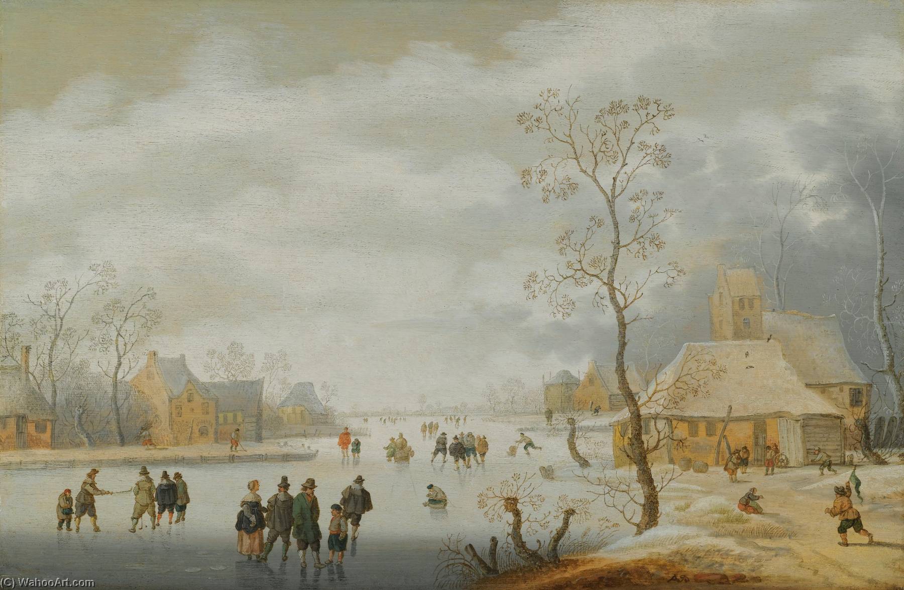 Wikioo.org - The Encyclopedia of Fine Arts - Painting, Artwork by Anthonie Verstraelen - a winter landscape with figures skating on a frozen river beside a village