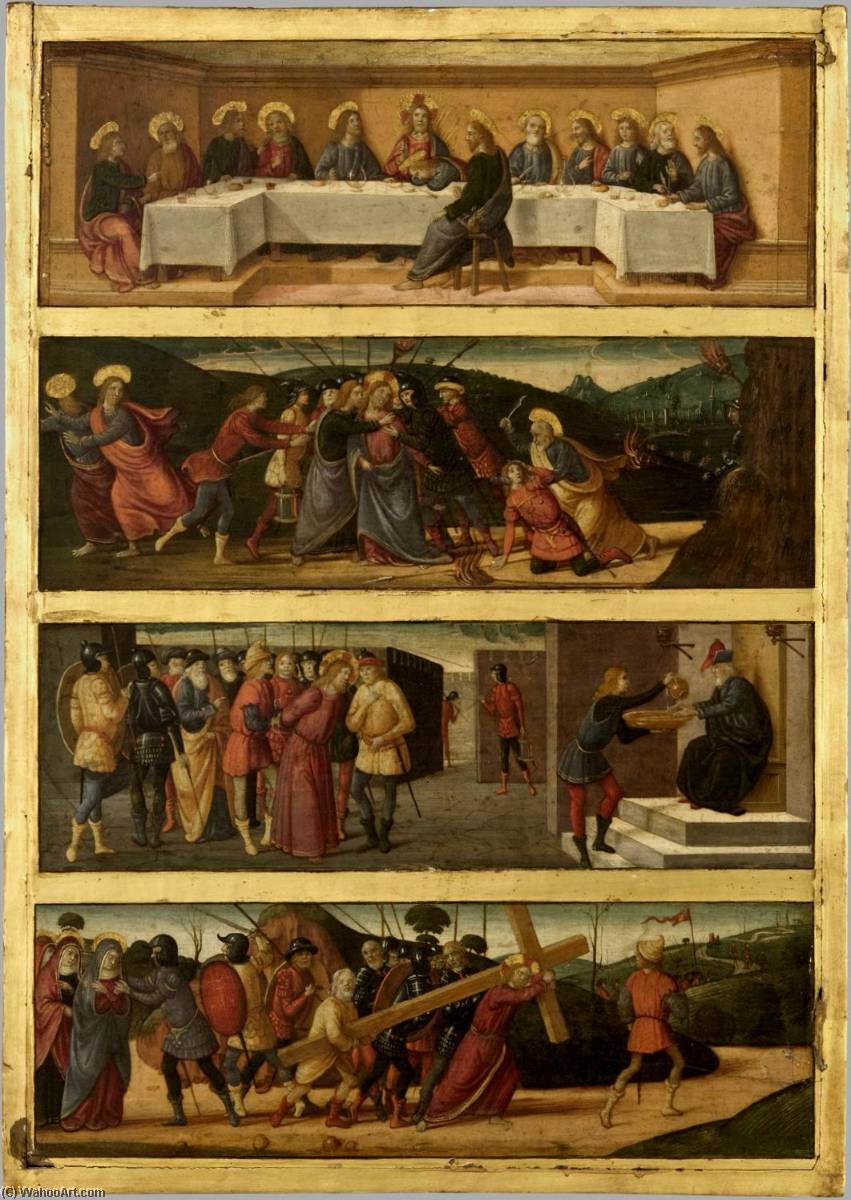 Wikioo.org - The Encyclopedia of Fine Arts - Painting, Artwork by Biagio D'antonio Tucci - The Last Supper the Betrayal of Christ Christ before Pilate Christ Carrying the Cross