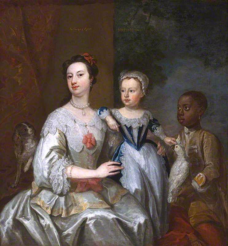 Wikioo.org - The Encyclopedia of Fine Arts - Painting, Artwork by John Giles Eccardt - Lady Grace Carteret, Countess of Dysart with a Child, and a Black Servant, Cockatoo and Spaniel