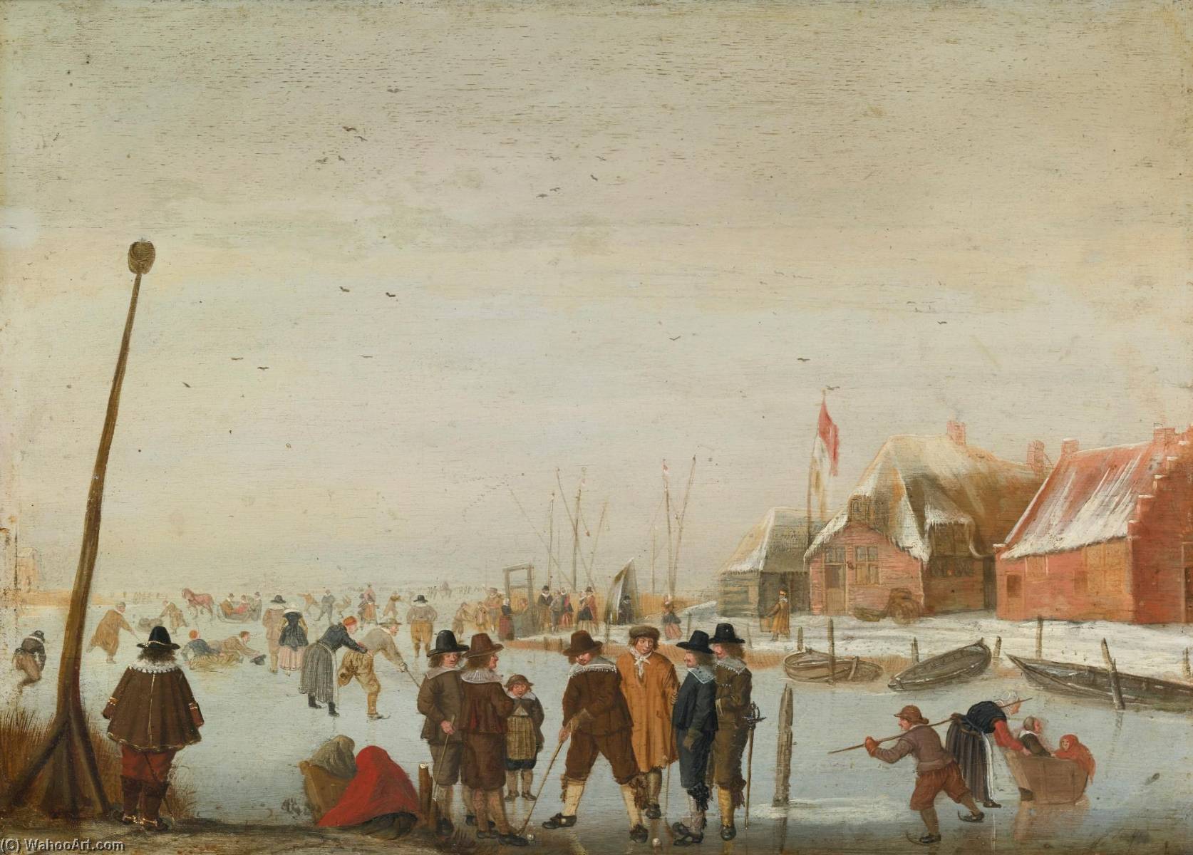 Wikioo.org - The Encyclopedia of Fine Arts - Painting, Artwork by Barend Avercamp (Barend Petersz) - Winter landscape with skaters and colfers on a frozen inlet
