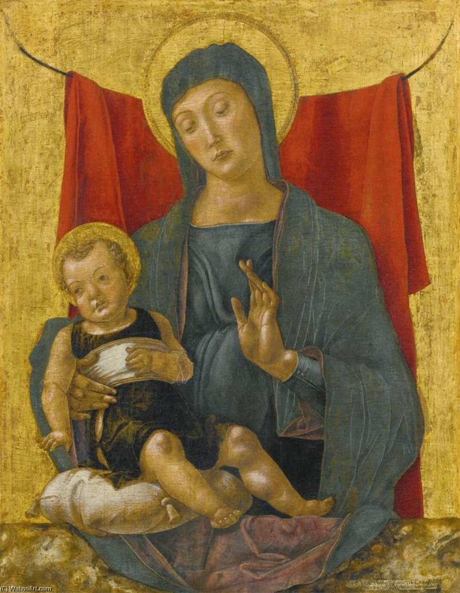 Wikioo.org – La Enciclopedia de las Bellas Artes - Pintura, Obras de arte de Bartolommeo Vivarini - Madonna y el Niño ante  Un  rojo  cortina