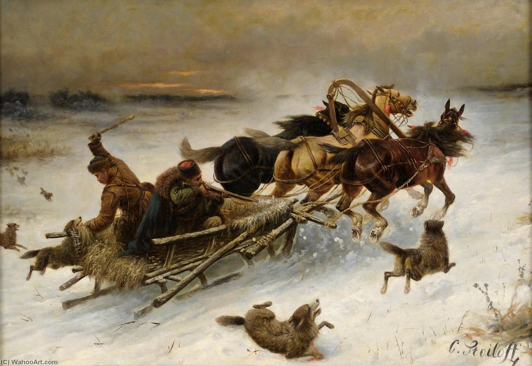 Wikioo.org - The Encyclopedia of Fine Arts - Painting, Artwork by Constantin Stoiloff - The Horse Sleigh Attacked by Wolves