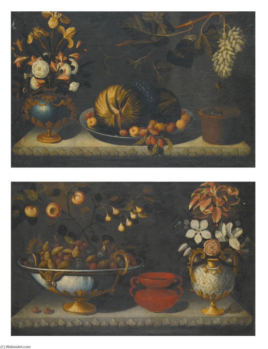 Wikioo.org - The Encyclopedia of Fine Arts - Painting, Artwork by Bernardo Polo - Still life with a watermelon on a pewter dish, next to gilt mounted bluestone urn of flowers Still life with plums and figs in a gilt mounted bowl, with a gilt mounted urn of flowers to the right