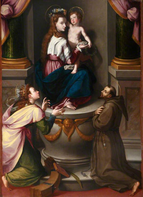 Wikioo.org - The Encyclopedia of Fine Arts - Painting, Artwork by Alessandro Allori - The Madonna and Child with Saint Catherine of Alexandria and Saint Francis of Assisi