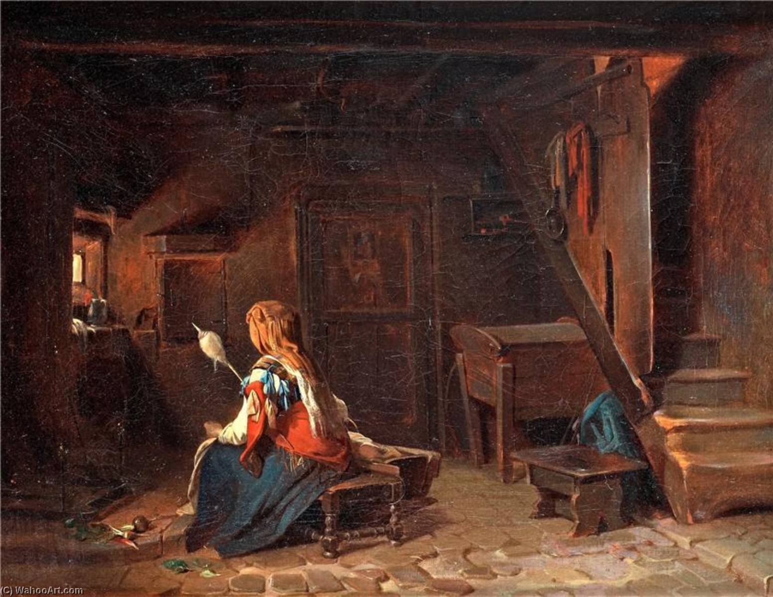 Wikioo.org - The Encyclopedia of Fine Arts - Painting, Artwork by Egron Sillif Lundgren - Interior With Italian Woman At The Spinningwheel