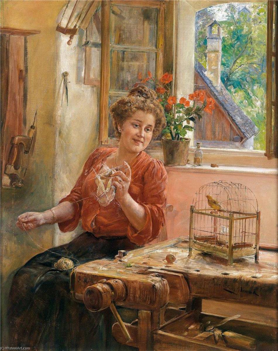 Wikioo.org - The Encyclopedia of Fine Arts - Painting, Artwork by Ernst Nowak - Lady Knitting at the Window with Canary
