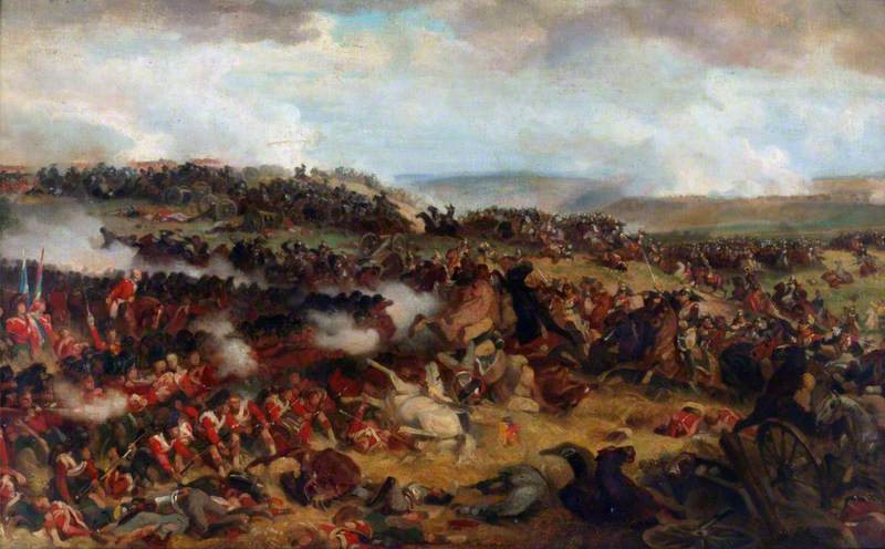 Wikioo.org - The Encyclopedia of Fine Arts - Painting, Artwork by Henri Félix Emmanuel Philippoteaux - The Battle of Waterloo The British Squares Receiving the Charge of the French Cuirassiers