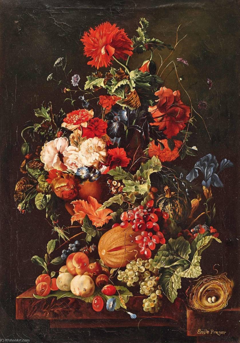 WikiOO.org – 美術百科全書 - 繪畫，作品 Emilie Preyer - 花卉静物 与  水果  和  鸟巢