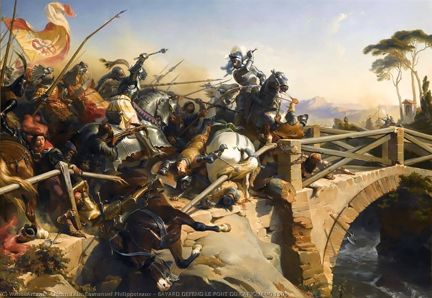 Wikioo.org - The Encyclopedia of Fine Arts - Painting, Artwork by Henri Félix Emmanuel Philippoteaux - BAYARD DEFEND LE PONT DU CARIGLIANO.1505