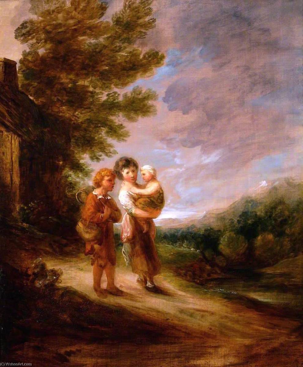Wikioo.org - The Encyclopedia of Fine Arts - Painting, Artwork by Gainsborouth Dupont - Landscape with Peasant Children outside a Cottage