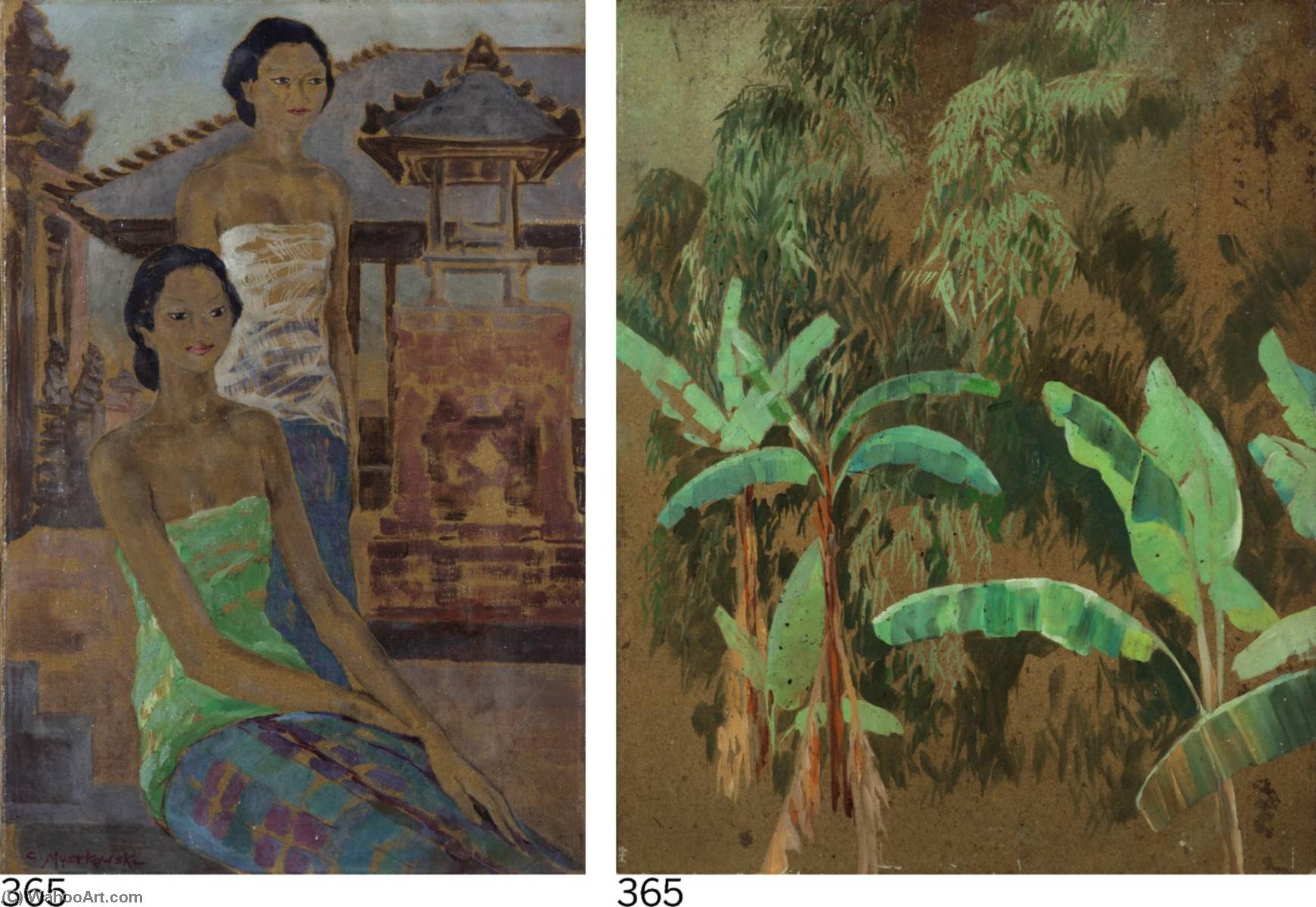 WikiOO.org - Enciclopedia of Fine Arts - Pictura, lucrări de artă Czeslaw Mystkowski - (i) Two Balinese Ladies (ii) Jungle Village Scene