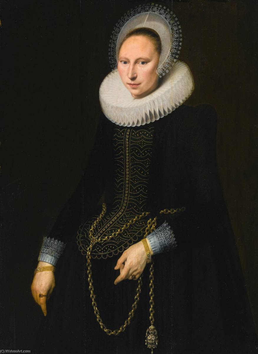 Wikioo.org - The Encyclopedia of Fine Arts - Painting, Artwork by Cornelis Van Der Voort - Portrait of a woman, three quarter length, wearing an elaborate lace ruff, cap and cuffs