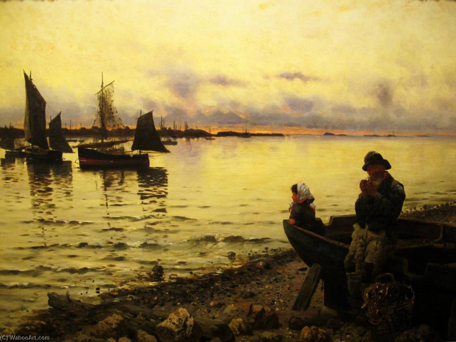 Wikioo.org - The Encyclopedia of Fine Arts - Painting, Artwork by Frithjof Smith Hald - Norwegian Solnedgang på havna Sunset at the harbor