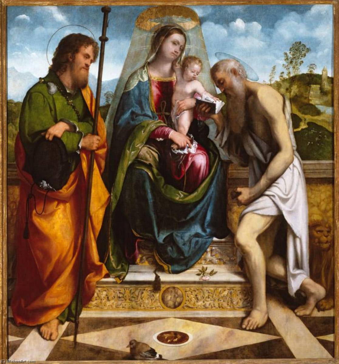 Wikioo.org - The Encyclopedia of Fine Arts - Painting, Artwork by Gerolamo Romanino - Madonna and Child with Saints James Major and Jerome
